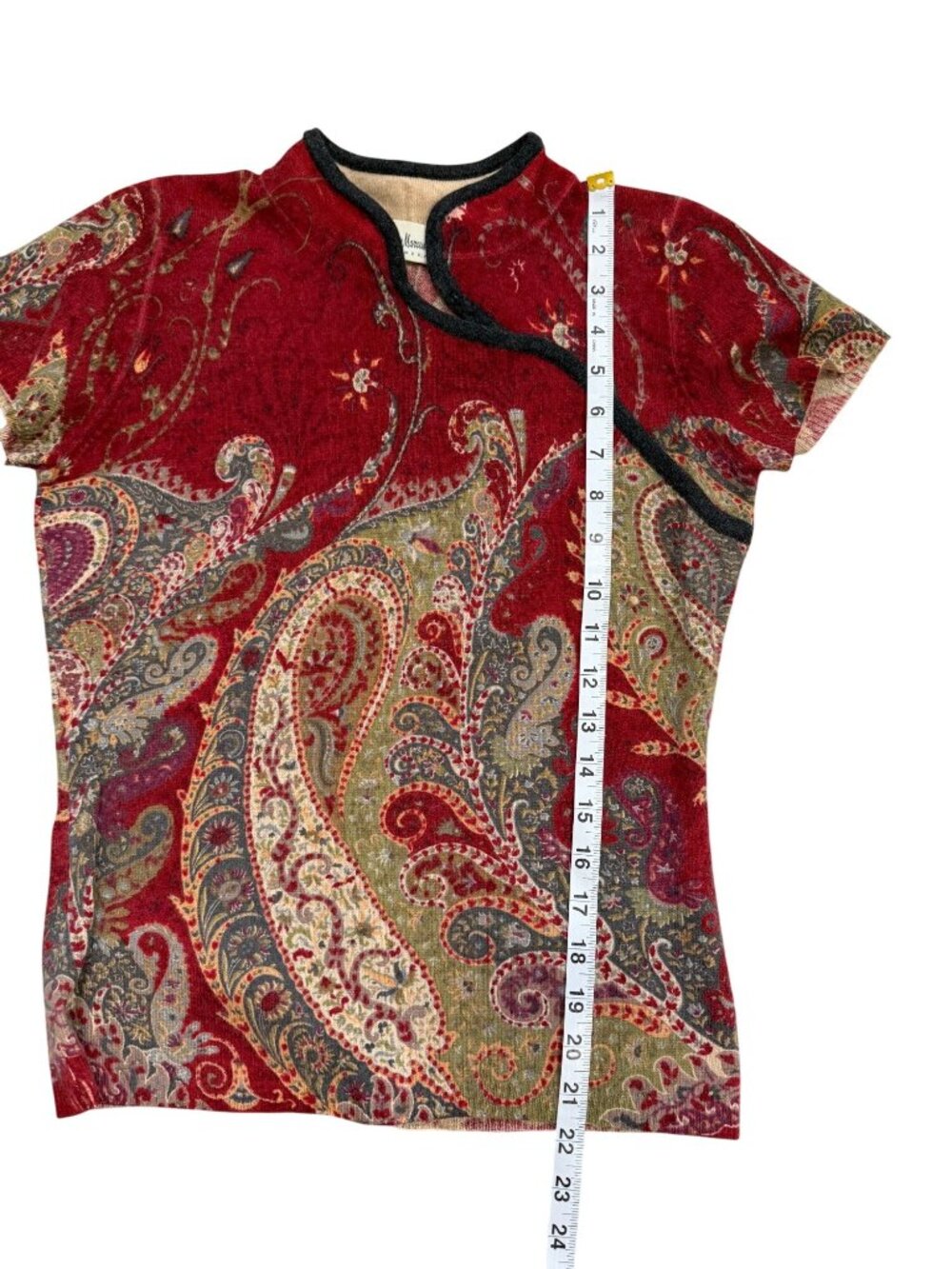 Neiman Marcus Womens Size S Cashmere Paisley Sweater Red Short Sleeve Asian - Picture 7 of 8
